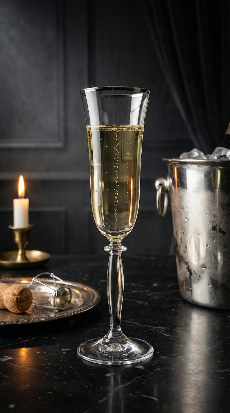 May include: A tall champagne flute filled with sparkling wine, with bubbles rising. A silver rim accents the glass. A lit candle, a silver tray with a cork and a champagne bottle bucket are in the background.