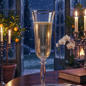 May include: A tall champagne flute filled with bubbly liquid sits on a silver tray. The scene is set in a room with a view of a snowy night, with lit candles and a book on a wooden table. A cozy, elegant atmosphere.