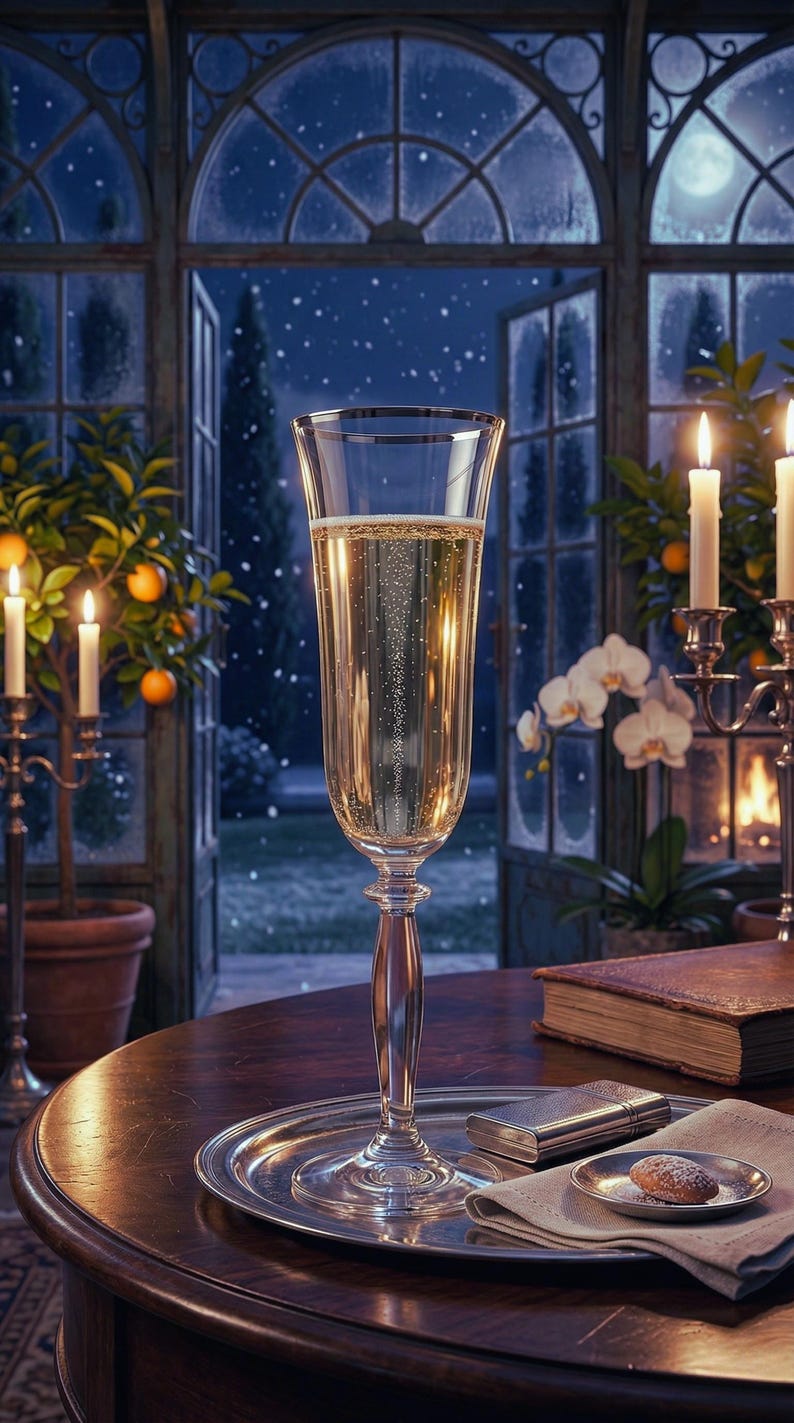 May include: A tall champagne flute filled with bubbly liquid sits on a silver tray. The scene is set in a room with a view of a snowy night, with lit candles and a book on a wooden table. A cozy, elegant atmosphere.