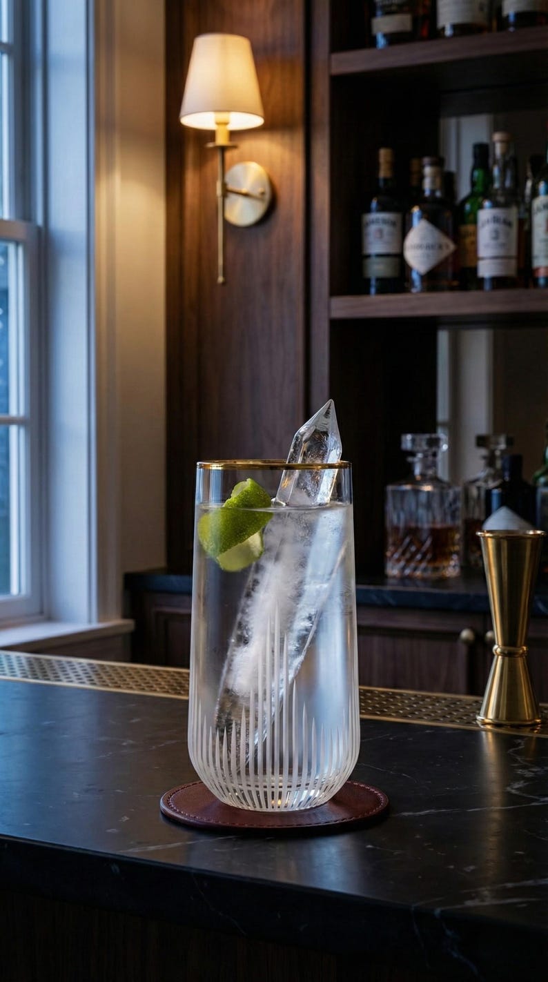 May include: A tall, clear glass with a gold rim, filled with ice and a lime wedge, sits on a brown coaster. The glass is on a dark countertop, with a bar and liquor bottles in the background. A crystal-shaped ice cube is inside the glass.