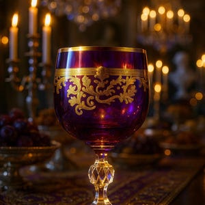 May include: A deep purple glass goblet featuring intricate gold leaf filigree patterns around the upper bowl. The stem is crafted from clear faceted glass, leading to a wide, circular base. The design includes a horizontal gold band.