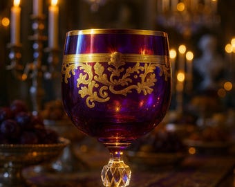 Könnte beinhalten: Ein tiefvioletter Glaskelch mit komplizierten Blattgold-Filigranmustern um die obere Schale. Der Stiel besteht aus klarem, facettiertem Glas und führt zu einem breiten, kreisförmigen Fuß. Das Design umfasst ein horizontales Goldband.