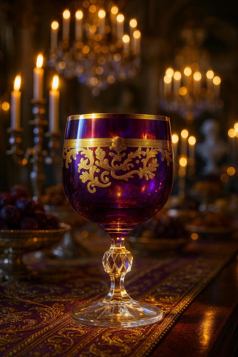 May include: A deep purple glass goblet featuring intricate gold leaf filigree patterns around the upper bowl. The stem is crafted from clear faceted glass, leading to a wide, circular base. The design includes a horizontal gold band.
