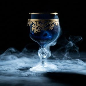 May include: A deep blue glass goblet featuring a gold filigree pattern around the rim and a clear, faceted stem. The goblet is surrounded by swirling white smoke against a solid black background, highlighting the contrast of the dark glass.