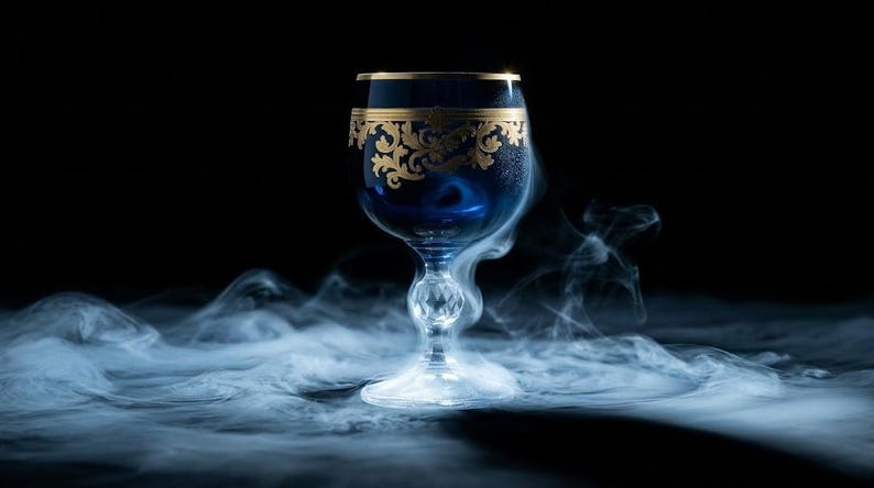 May include: A deep blue glass goblet featuring a gold filigree pattern around the rim and a clear, faceted stem. The goblet is surrounded by swirling white smoke against a solid black background, highlighting the contrast of the dark glass.
