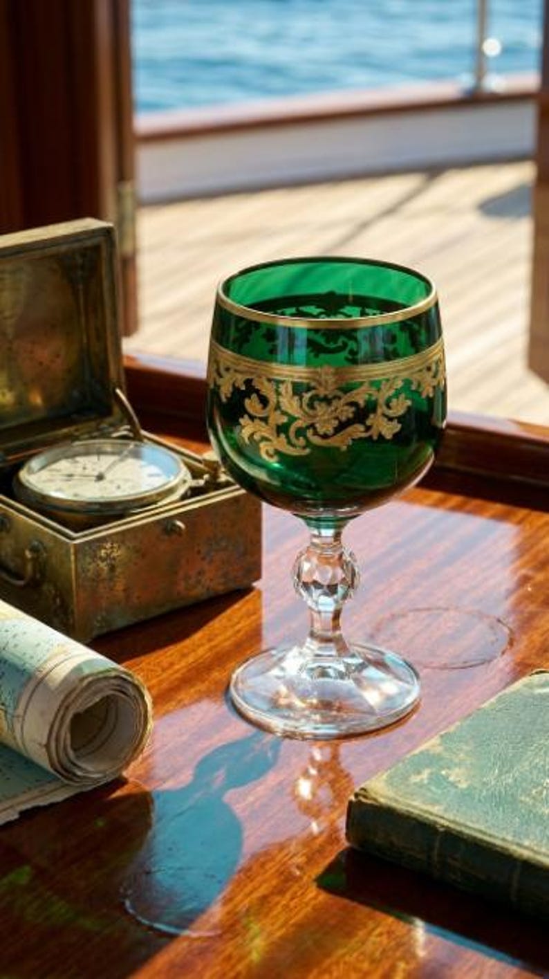 May include: A green glass goblet featuring an intricate gold filigree pattern around the rim and bowl, supported by a clear, faceted crystal stem and a circular base, standing upright on a polished wooden surface next to a brass nautical instrument.