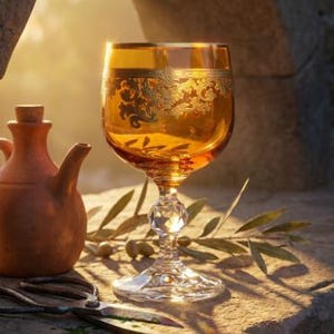 May include: An amber-colored glass goblet featuring intricate gold filigree patterns around the rim, supported by a clear, faceted crystal stem and base. Beside it sits a small terracotta cruet, metal shears, and a sprig of green olives.