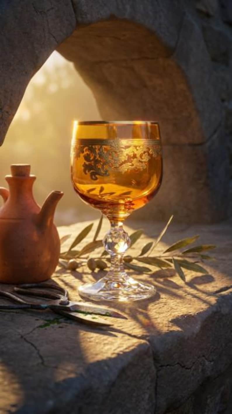 May include: An amber-colored glass goblet featuring intricate gold filigree patterns around the rim, supported by a clear, faceted crystal stem and base. Beside it sits a small terracotta cruet, metal shears, and a sprig of green olives.