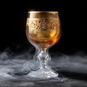 May include: A clear glass goblet featuring an amber-tinted bowl with an intricate gold filigree pattern around the upper rim. The stem is faceted with a clear crystal-like design, and the base is circular, surrounded by swirling white smoke.