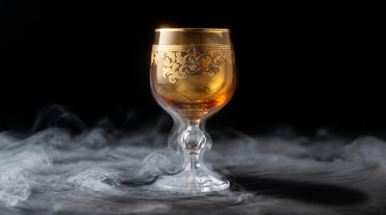 May include: A clear glass goblet featuring an amber-tinted bowl with an intricate gold filigree pattern around the upper rim. The stem is faceted with a clear crystal-like design, and the base is circular, surrounded by swirling white smoke.
