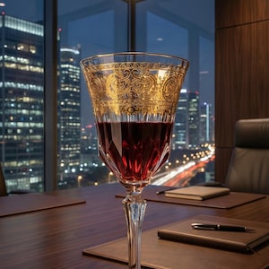 K&ouml;nnte beinhalten: Ein gro&szlig;es, verziertes Weinglas, gef&uuml;llt mit roter Fl&uuml;ssigkeit, mit goldenen Filigranarbeiten am Rand. Das Glas steht auf einem Holztisch, im Hintergrund ist eine Stadtlandschaft durch ein gro&szlig;es Fenster zu sehen. Das Glas ist etwa 25 cm hoch.