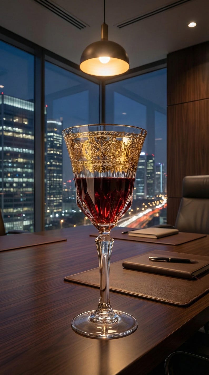 K&ouml;nnte beinhalten: Ein gro&szlig;es, verziertes Weinglas, gef&uuml;llt mit roter Fl&uuml;ssigkeit, mit goldenen Filigranarbeiten am Rand. Das Glas steht auf einem Holztisch, im Hintergrund ist eine Stadtlandschaft durch ein gro&szlig;es Fenster zu sehen. Das Glas ist etwa 25 cm hoch.