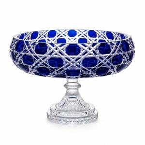 Blue Cut to Clear Crystal Pedestal Bowl | Glass Bowl | Art Glass Centerpiece Fruit Dish | Verdura Midnight Sapphire | Anniversary Gift image 6