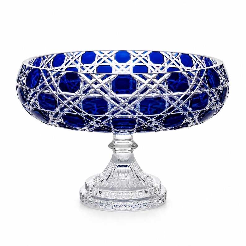 Blue Cut to Clear Crystal Pedestal Bowl | Glass Bowl | Art Glass Centerpiece Fruit Dish | Verdura Midnight Sapphire | Anniversary Gift image 6