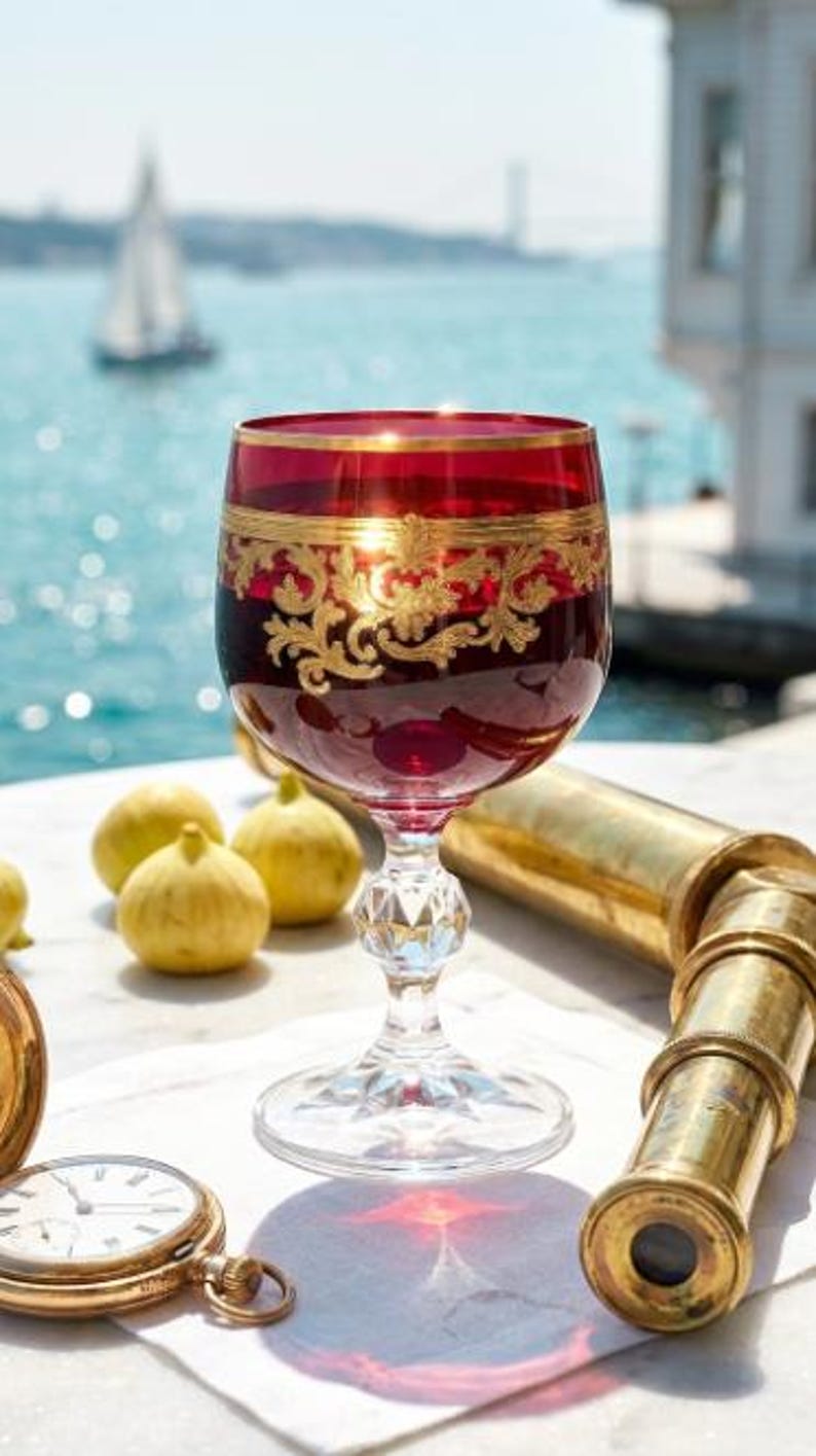 May include: A deep red glass goblet featuring intricate gold filigree patterns around the rim, supported by a clear, faceted crystal stem and base. The glass is positioned alongside a brass telescope and a gold-toned pocket watch.