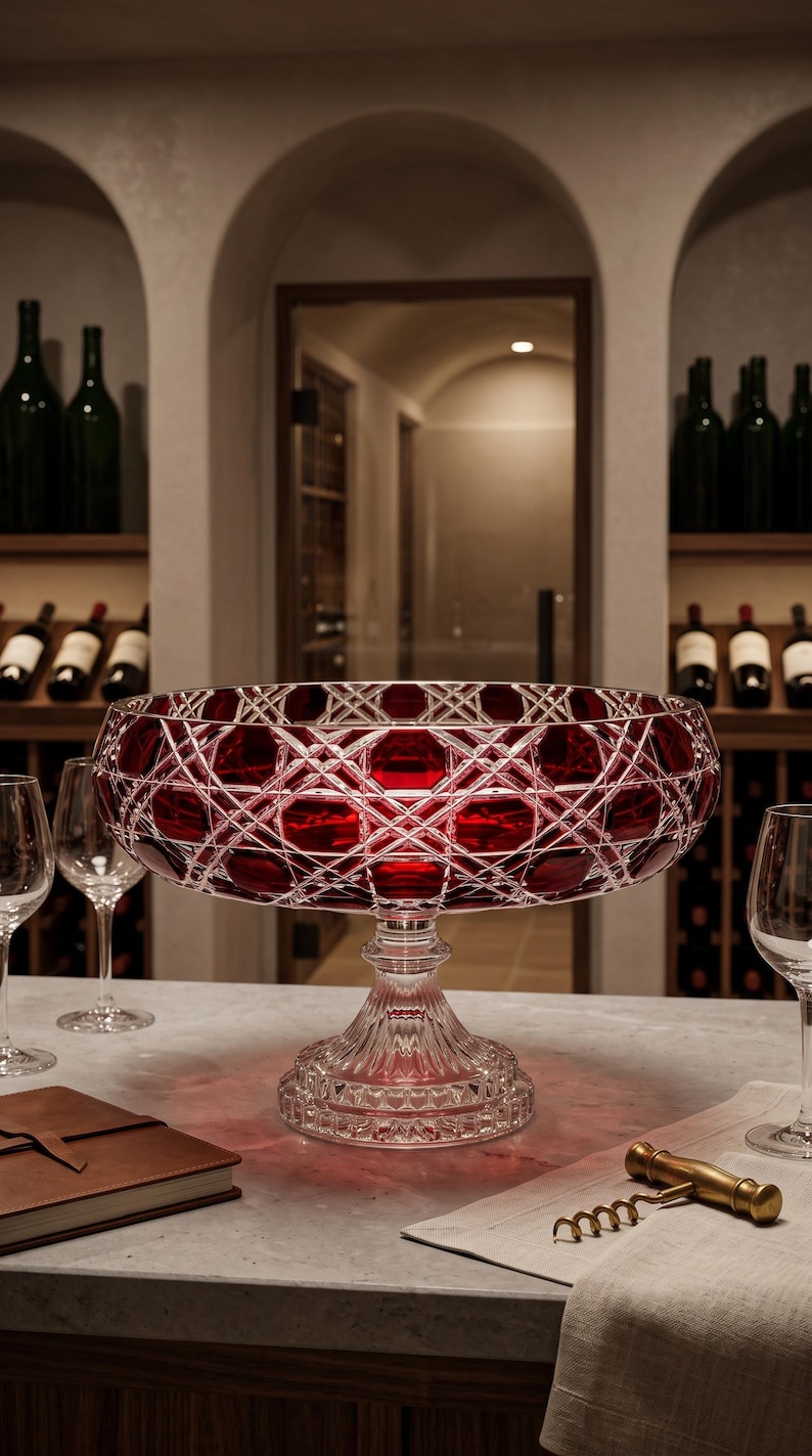 May include: A large, deep red crystal bowl featuring an intricate diamond-cut pattern on its exterior. The bowl is supported by a clear, faceted pedestal base with a wide, circular foot, showcasing a reflective surface and detailed glass craftsmanship.