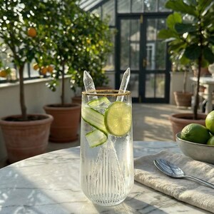May include: A tall, clear glass with a gold rim, filled with water, cucumber slices, and a lime wedge. Two clear stir sticks are in the glass. The glass sits on a marble table, with a linen napkin and spoon nearby. The background includes potted plants and a greenhouse.