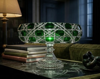 Emerald Green Cut Crystal Pedestal Bowl | Verdura Sylvan Footed Compote | Bohemian Cut to Clear Glass Centerpiece Fruit Dish