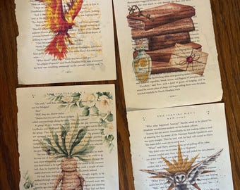 Paquete de cuatro impresiones de arte de páginas de libros de Harry Potter para decoración de pared