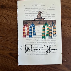 May include: A page from a book with a collage featuring a Sorting Hat illustration and scarves in red, blue, green, and orange. The words "Welcome Home" are written in cursive. The page is from a book.