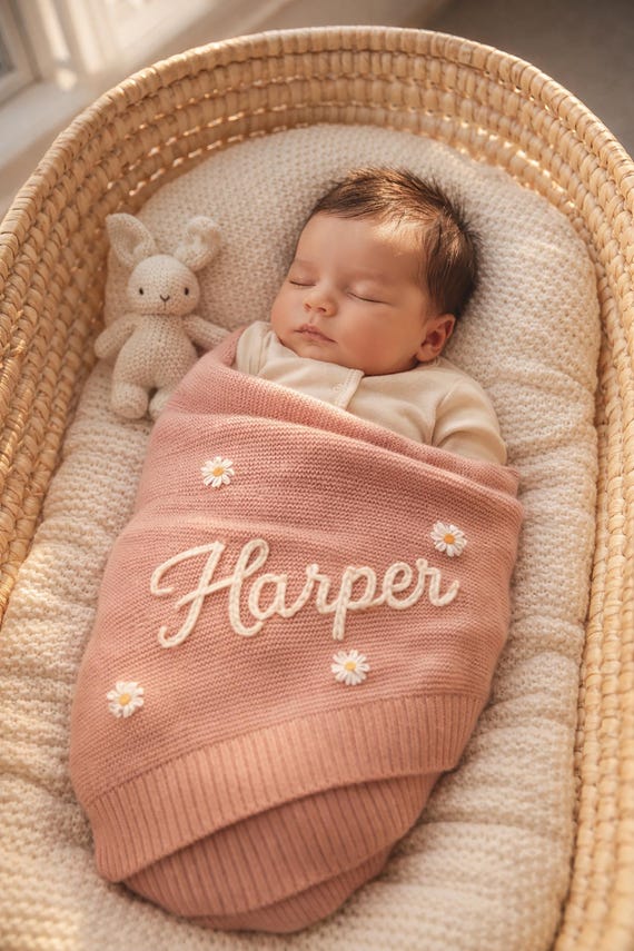 Hand-Embroidered Cotton Baby Blanket | Personalized Nursery Keepsake