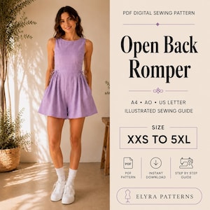 Peut inclure: Une combinaison-short sans manches lavande avec un corsage ajusté, un short plissé et des liens latéraux. Le texte indique : PDF DIGITAL SEWING PATTERN, Open Back Romper, A4, A0, US LETTER, ILLUSTRATED SEWING GUIDE, SIZE XXS TO 5XL, PDF PATTERN, INSTANT DOWNLOAD, STEP BY STEP GUIDE, ELYRA PATTERNS.