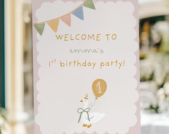 Letrero de bienvenida para el primer cumpleaños de One Silly Goose, póster editable para el primer cumpleaños, decoración para fiesta de Silly Goose, descarga digital imprimible en Canva, JD001