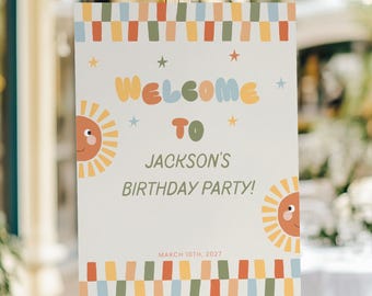 Plantilla de cartel de bienvenida "One Happy Boy", cartel de bienvenida para el primer cumpleaños de un niño, decoración para la fiesta del primer cumpleaños, póster imprimible editable en Canva, JD058