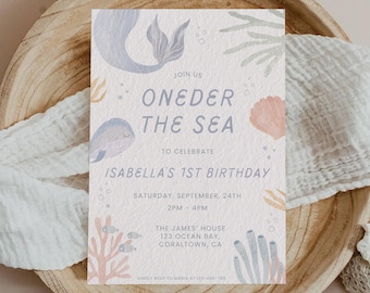 Invitación de cumpleaños de Oneder the Sea, plantilla editable de Canva, invitación para el primer cumpleaños bajo el mar (móvil incluido)