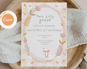 Invitación de cumpleaños de Two Silly Goose, invitación para el segundo cumpleaños de una niña, plantilla editable de Canva de Silly Goose con cuadros rosas.