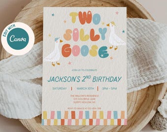 Invitación de cumpleaños de Two Silly Goose, invitación para el segundo cumpleaños de un niño, plantilla editable de Canva de Silly Goose, invitación para el segundo cumpleaños de un niño.