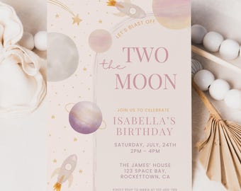 Invito di compleanno per bambina Two the Moon, invito per festa di secondo compleanno Pastel Space, modello Canva modificabile 5x7, JD037