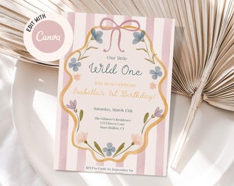 Plantilla de invitación para primer cumpleaños con flores silvestres, invitación para fiesta en el jardín con flores "She's a Wild One", Canva editable para primer cumpleaños, JD033