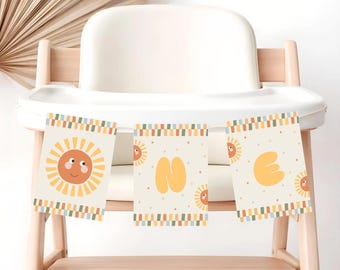 Banner imprimible Boho Sunshine para trona, banner de primer cumpleaños para trona, banner ONE, decoración de feliz cumpleaños, descarga digital, JD058