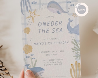 Invitación de cumpleaños de Oneder the Sea, invitación de primer cumpleaños de ballena, primer cumpleaños en el océano, plantilla editable de Canva