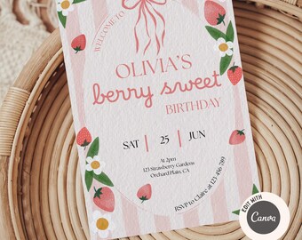Convite de Aniversário Doce de Morango, Convite para Festa de Aniversário com Tema de Morango, Modelo Editável no Canva, Convite para Imprimir ou Celular
