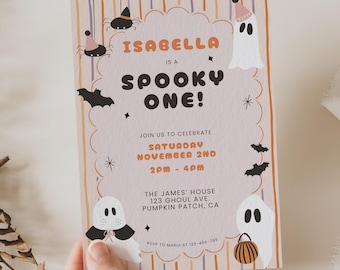 Invitación de cumpleaños espeluznante, invitación de primer cumpleaños con temática de fantasmas, invitación para fiesta de primer cumpleaños de Halloween, plantilla editable, JD061