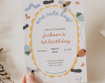 Invitación de cumpleaños con temática de insectos, invitación para el primer cumpleaños con temática de insectos, invitación para fiesta de insectos, plantilla editable de Canva, primer cumpleaños, JD046