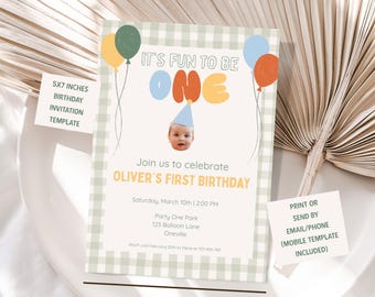 Invitación de primer cumpleaños "Fun to Be One", invitación con foto, plantilla de cuadros vichy coloridos, invitación editable de Canva