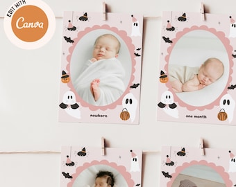 Banner fotográfico de Halloween para el primer cumpleaños, banner mensual para el primer cumpleaños, plantilla editable de Canva para el primer año del bebé, JD061