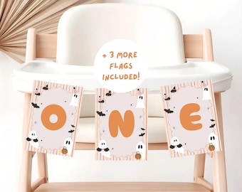 Banner de Feliz Cumpleaños Banner de Cumpleaños de Halloween Decoraciones de Primer Cumpleaños con Fantasma Lindo Banner Editable e Imprimible, JD061