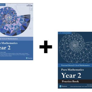 May include: Two textbooks titled "Edexcel A level Mathematics Pure Mathematics Year 2" and "Pearson Edexcel A level Mathematics Pure Mathematics Year 2 Practice Book". Both books have a blue cover with a geometric spiral design. The books are for mathematics.