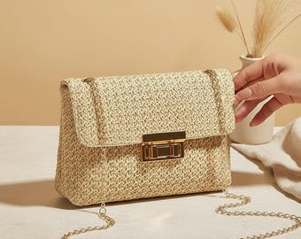 Woven Straw Shoulder Bag, Chain Crossbody Clutch, Buckle Closure