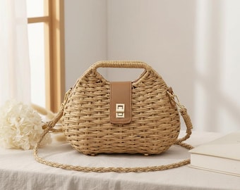 Straw Woven Baguette Bag, Rattan Shoulder Sling Purse, Summer Boho Vacation Handbag