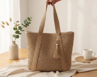 Hand Woven Straw Tote Bag, Large Summer Beach Bag, Zippered Boho Shoulder Purse