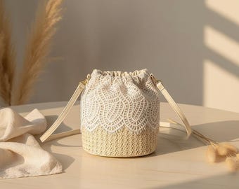 Straw Lace Bucket Bag, Woven Crossbody Beach Handbag