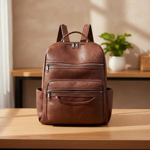 Könnte beinhalten: Ein brauner Lederrucksack mit mehreren Reißverschlussfächern und einem oberen Griff. Der Rucksack hat zwei Seitentaschen und verstellbare Schultergurte. Die Tasche steht auf einer Holzoberfläche.