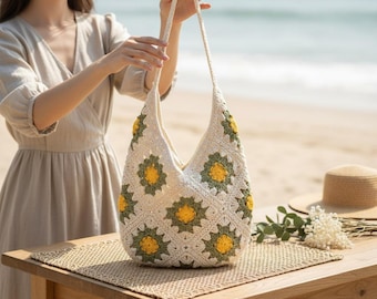 Crocheted Floral Shoulder Bag, Boho Beach Tote, Polyester Summer Handbag