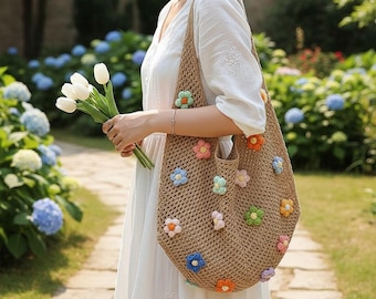 Knitted Straw Tote Bag, Crochet Flower Hobo Bag, Boho Summer Handbag, Large Beach Purse