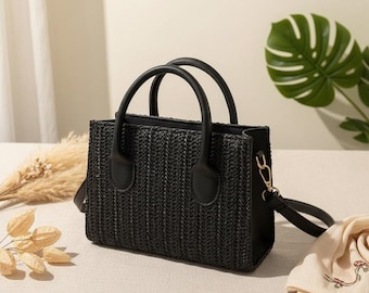 Women’s Woven Grass Crossbody Bag, Summer Net Shoulder Handbag – Lightweight Casual Floral Style Purse